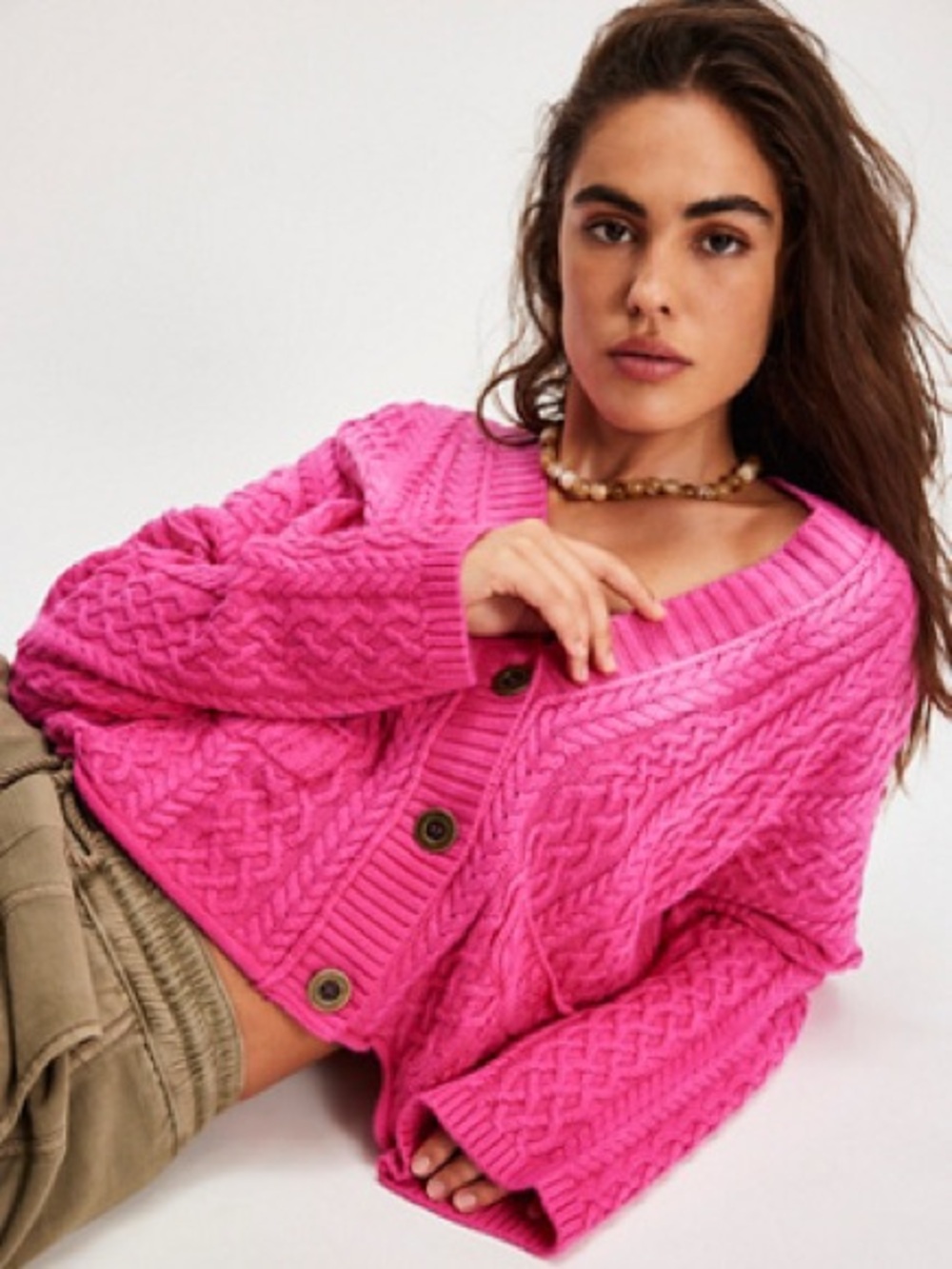 Free People Washed Ashore Cable Knit Cropped Cardigan - Pink Ombré